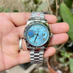 Rolex Daydate Ice Blue Silver Fluted Bezel