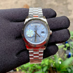 Rolex DayDate Silver Blue Fluted Bezel Yz
