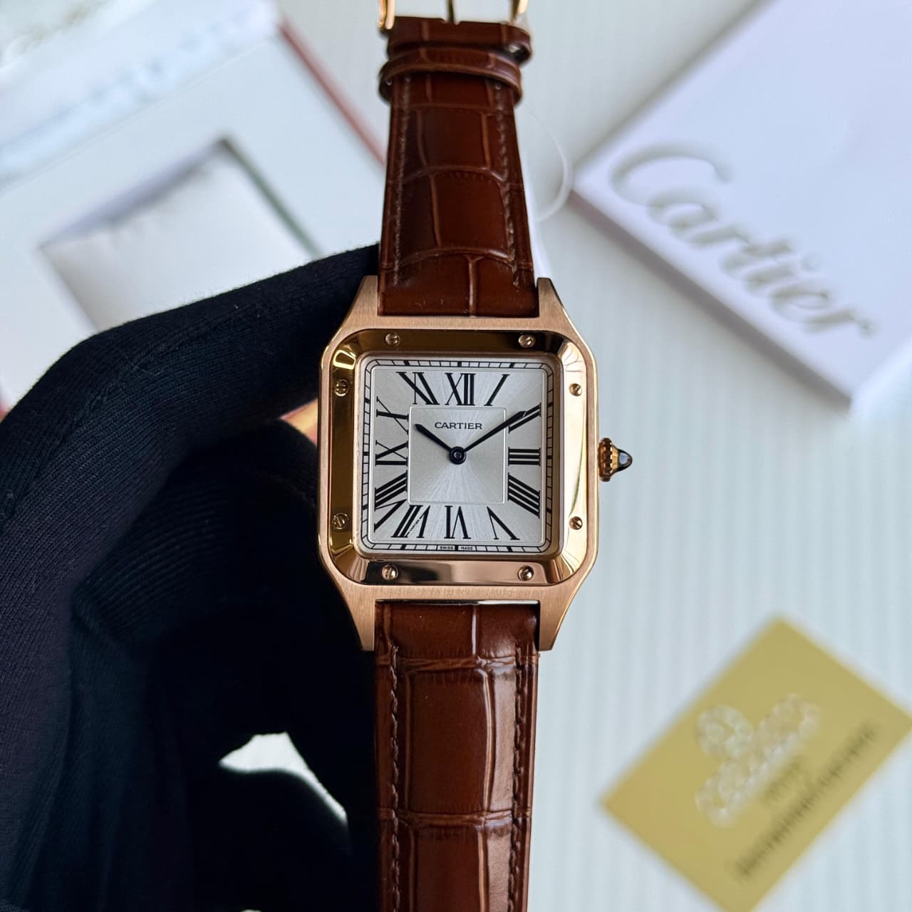 Cartier Santos Dumont Bronze Dial Leather Strap Watch