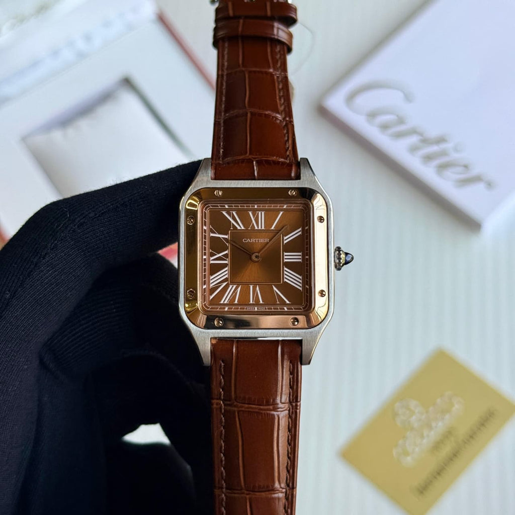 Cartier Santos Dumont Bronze Dial Leather Strap Watch