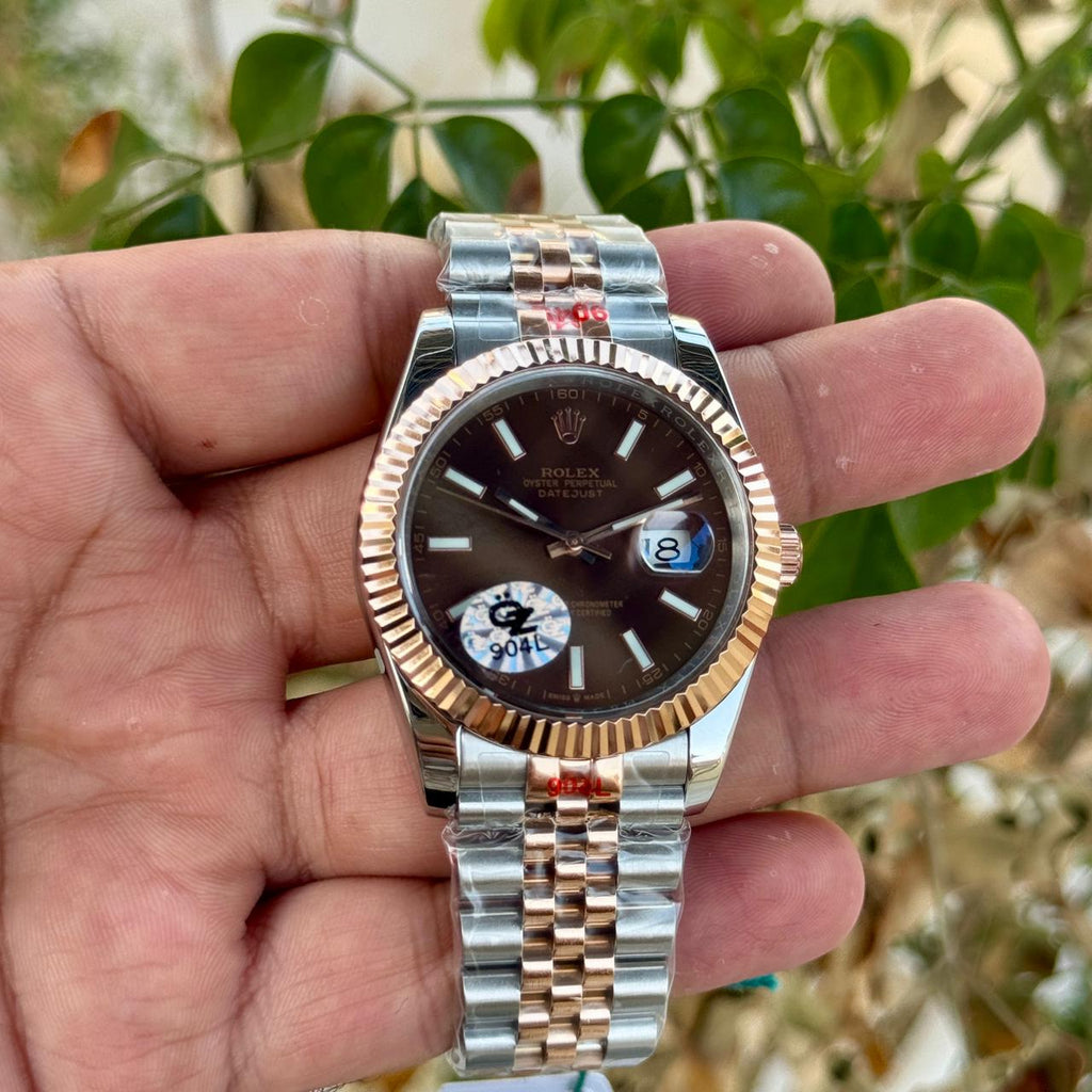 Rolex Date Just 41 SEMI ETA Silver Rose Gold Brown Dial Jubilee Strap