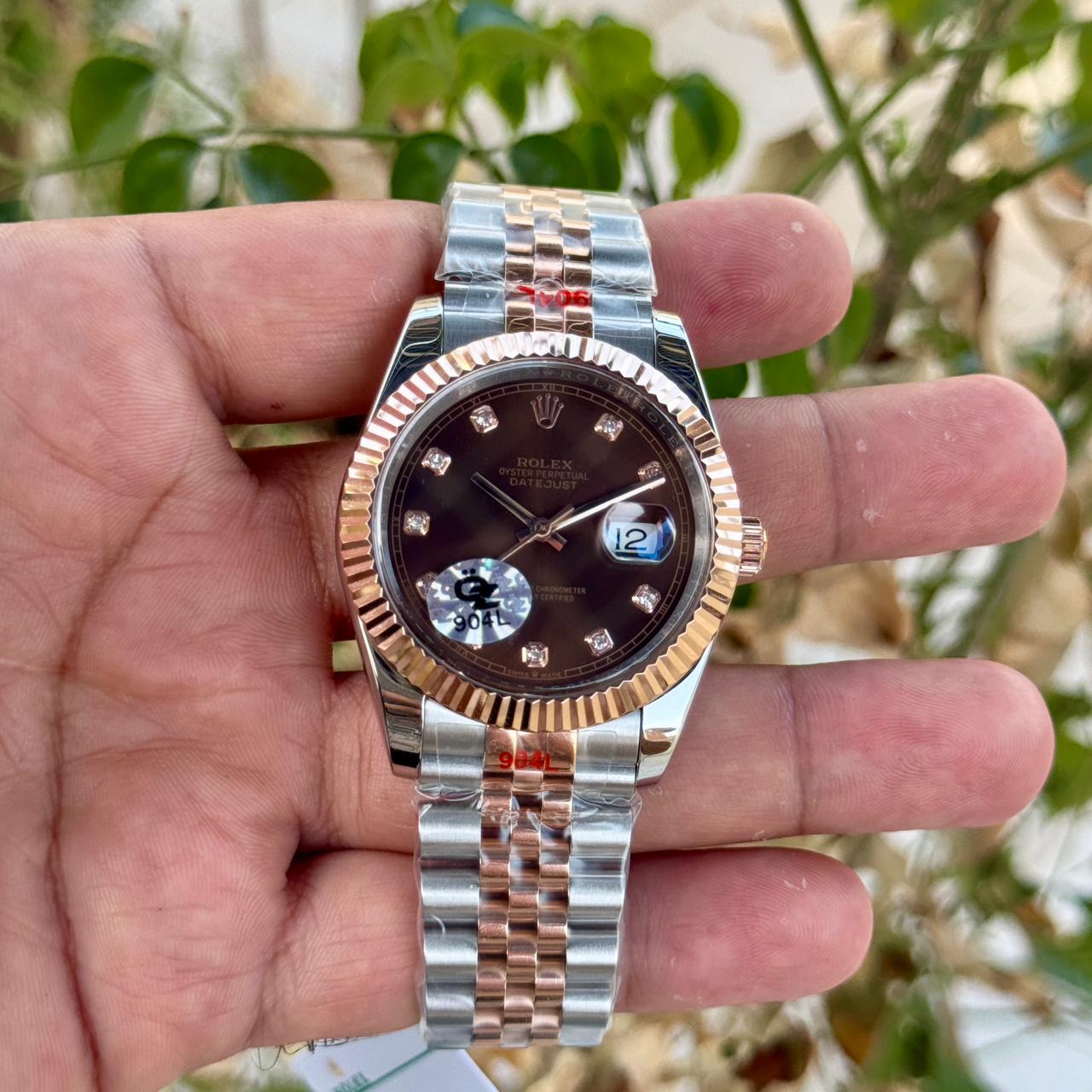 Rolex Date Just 41 SEMI ETA Silver Rose Gold Brown Dial Diamond Initials Jubilee Strap