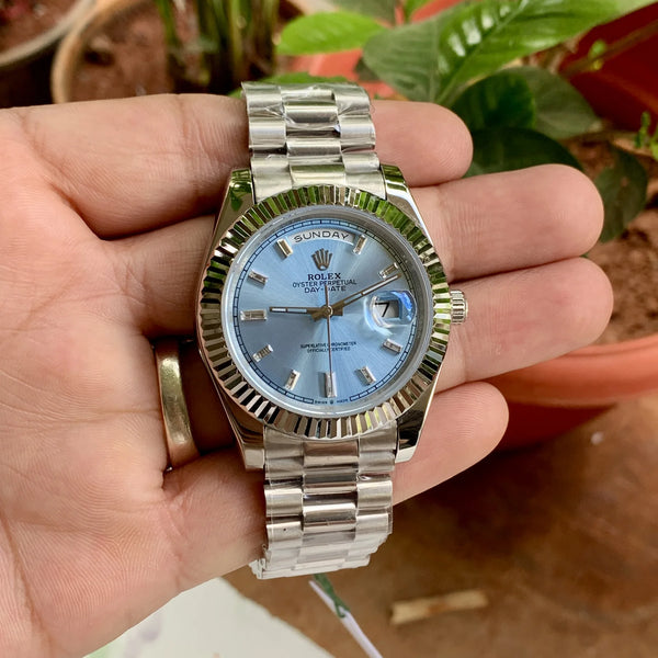 Rolex Day-Date Blue Dial Fluted Bezel Semi Swiss