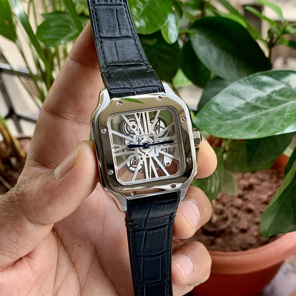 Cartier D’Santos Skeleton Silver Black Leather