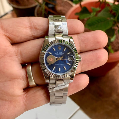 Rolex DateJust Silver-Blue Fluted Bezel 33MM Ladies