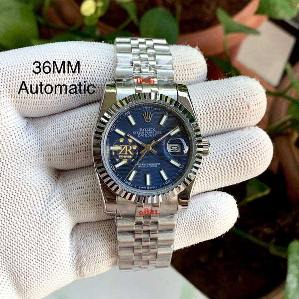 Rolex DateJust Silver-Blue Motif Fluted Bezel 36MM Ladies