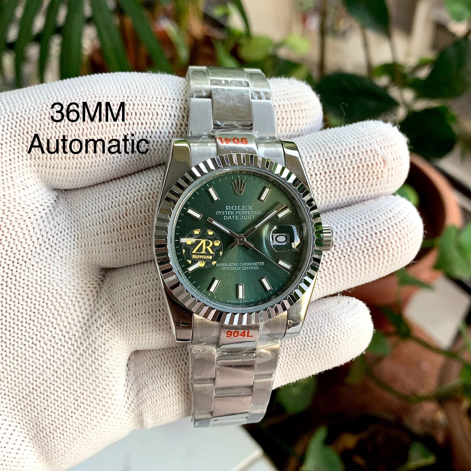 Rolex DateJust Silver Green Fluted Chain 36MM Ladies