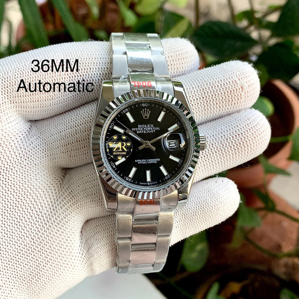 Rolex DateJust Silver-Black Fluted Bezel 36MM Ladies