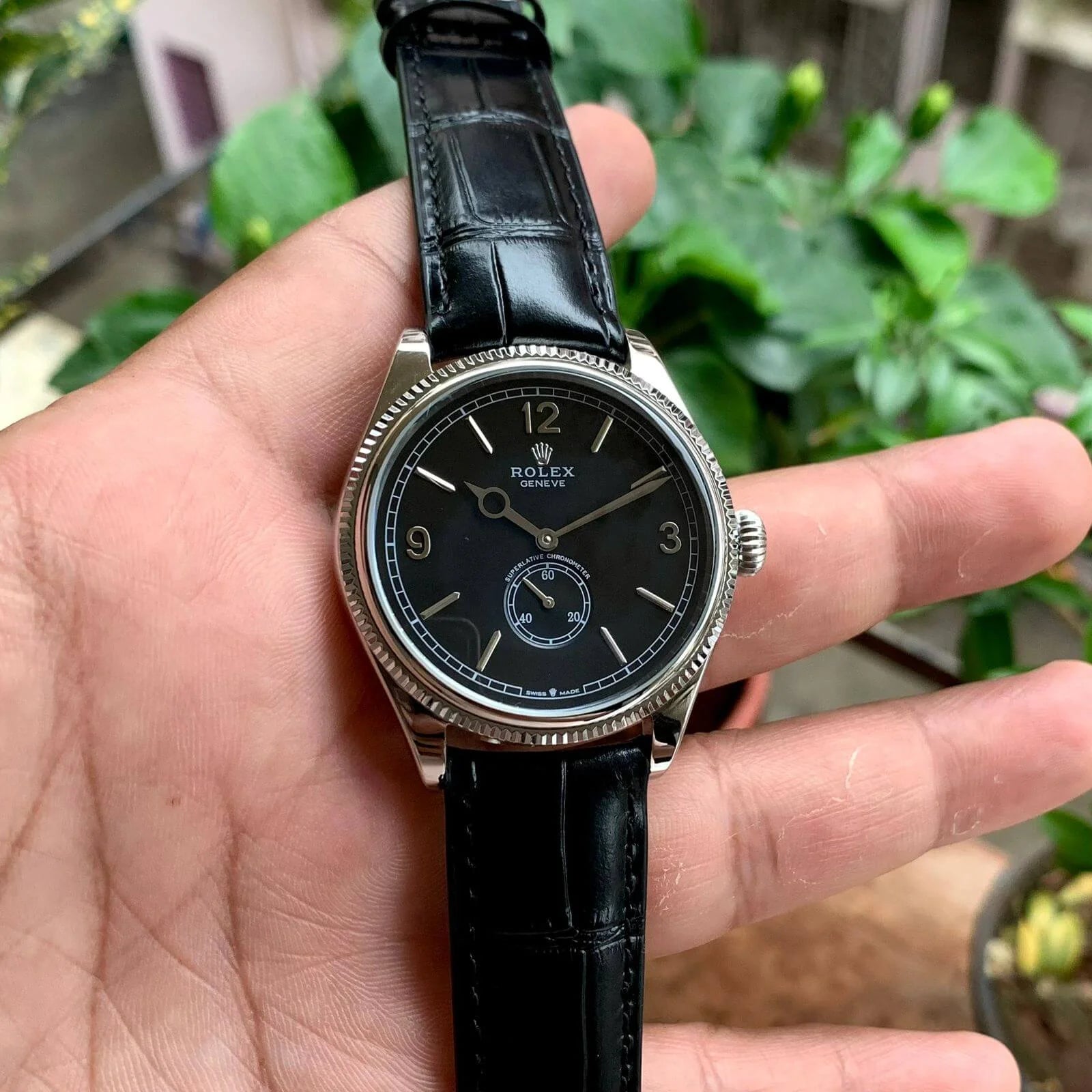 Rolex 1908 Silver-Black Leather Automatic
