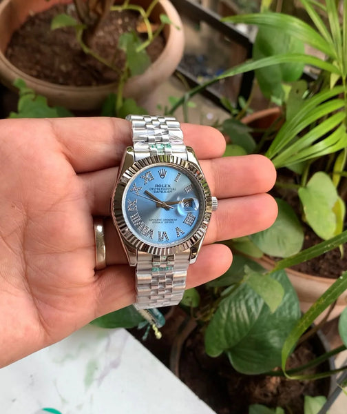 Rolex DateJust Silver-Blue Diamond Roman Figure