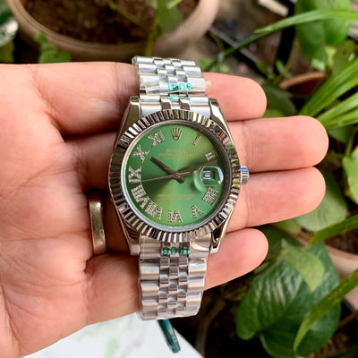 Rolex DateJust Silver-Green Diamond Roman Figure