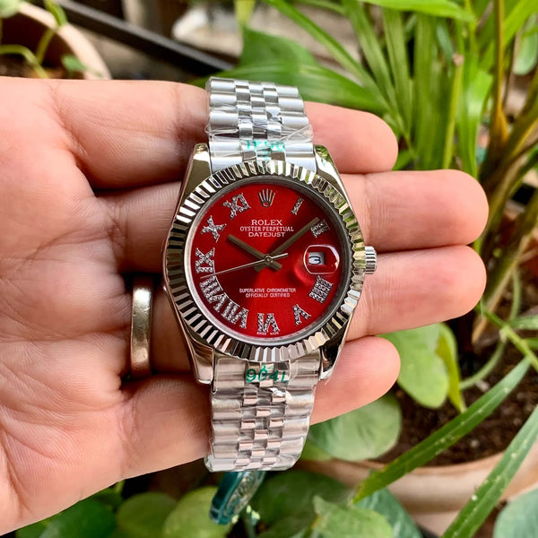 Rolex DateJust Silver-Red Diamond Roman Figure