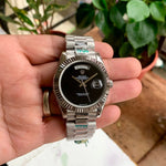Rolex DayDate Silver Black Plain Dial Fluted Bezel