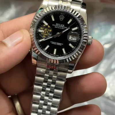 Rolex DateJust Silver-Black Fluted Bezel Jubilee 36MM Ladies