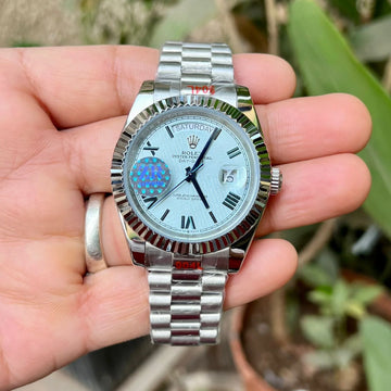 Rolex Daydate Roman Blue Silver Fluted Bezel