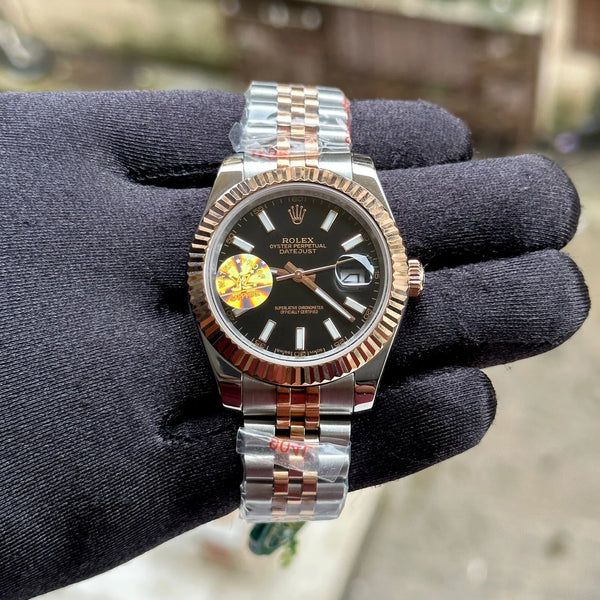 Rolex DateJust Silver-RG Fluted Black YZ