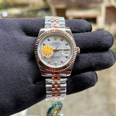 Rolex DateJust Silver-RG Fluted White Diamond Figure YZ