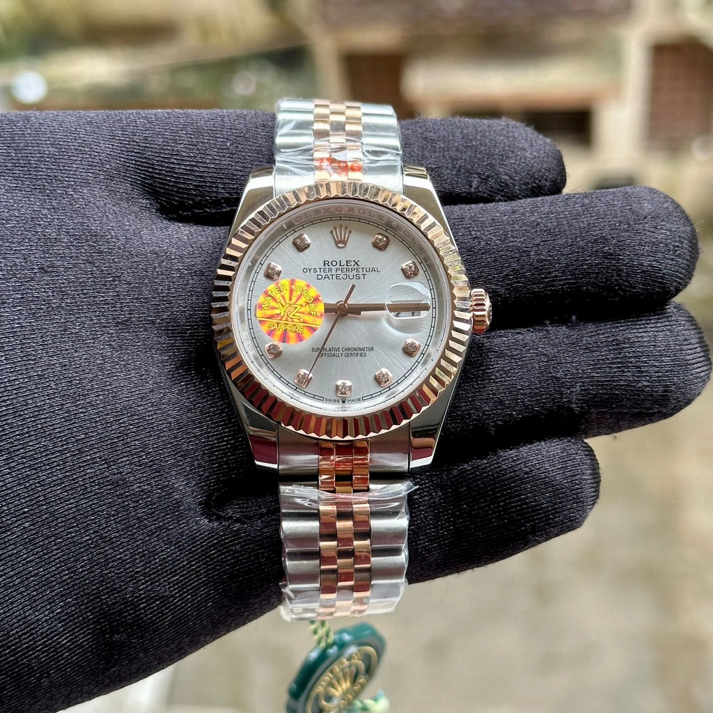 Rolex DateJust Silver-RG Fluted White Diamond Figure YZ