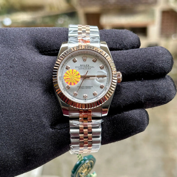 Rolex DateJust Silver-RG Fluted White Diamond Figure YZ
