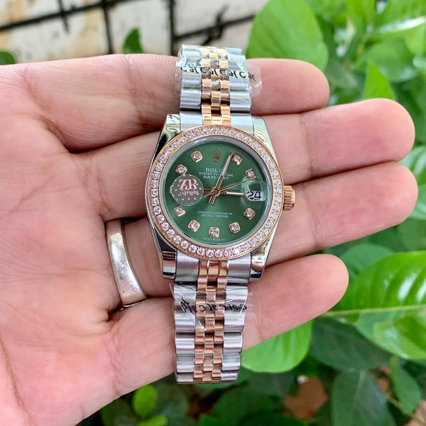 Rolex DateJust Green Dial Two-Tone Diamond Bezel Ladies