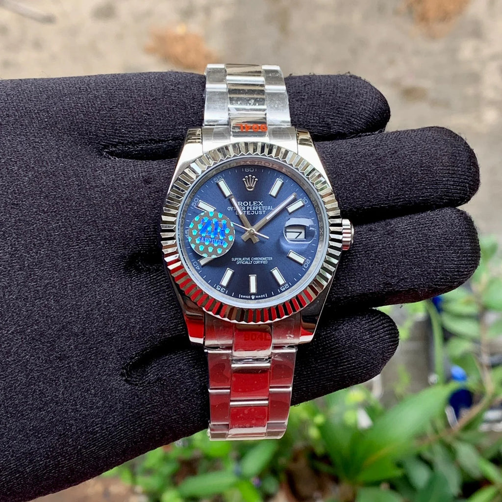 Rolex DateJust Silver-Blue Fluted Bezel