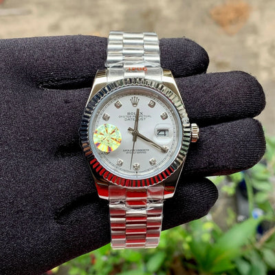 Rolex Oyster DateJust Fluted Bezel Silver Chain White Dial Yz
