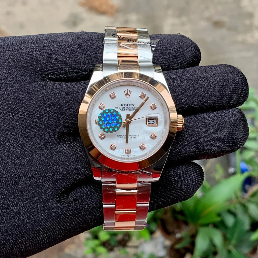 Rolex DateJust Plain RG Bezel White Dial Zr