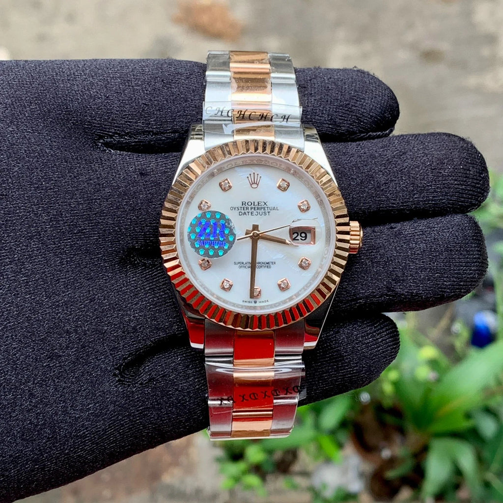 Rolex DateJust Plain Fluted RG Bezel White Dial Zr