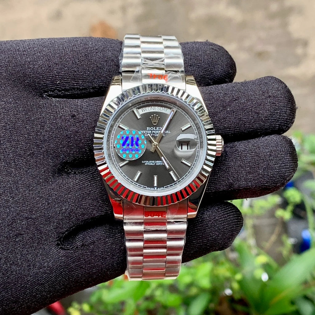 Rolex DayDate Silver Fluted Bezel Grey Dial