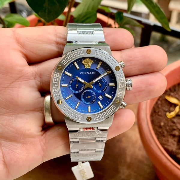 Versace Greca Logo Chronograph Silver-Skyblue