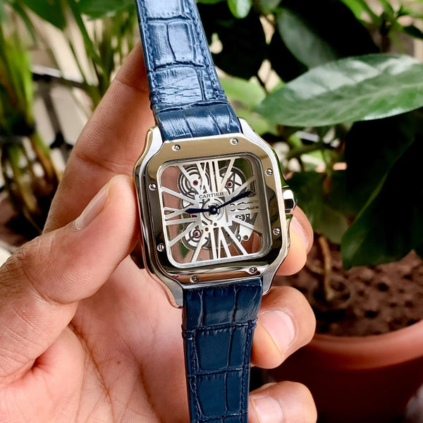 Cartier D’Santos Skeleton Silver Blue Leather