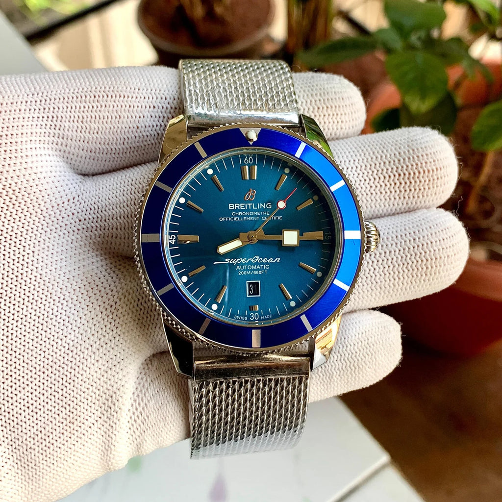 Breitling SuperOcean Heritage Blue Bezel Silver Chain