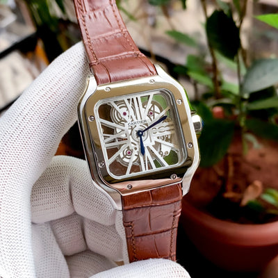 Cartier D’Santos Skeleton Silver Brown Leather