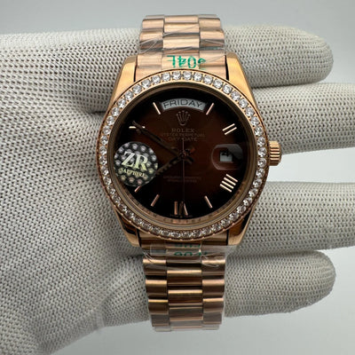 Rolex Daydate Rosegold Brown Dial Diamond Bezel