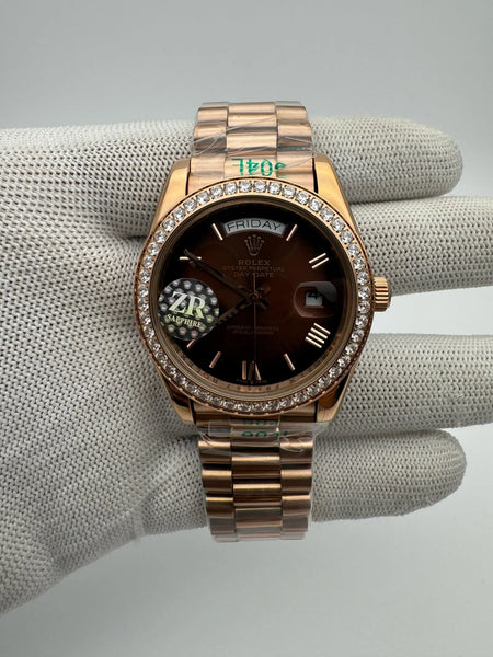 Rolex Daydate Rosegold Brown Dial Diamond Bezel
