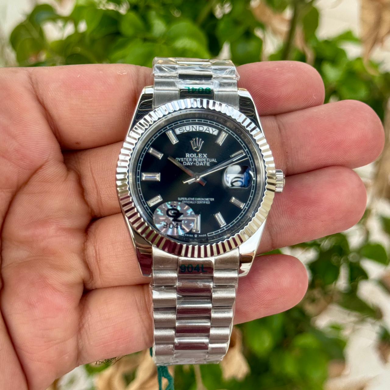 Rolex Day Date Silver Black Dial Diamond Initials Semi ETA Quality