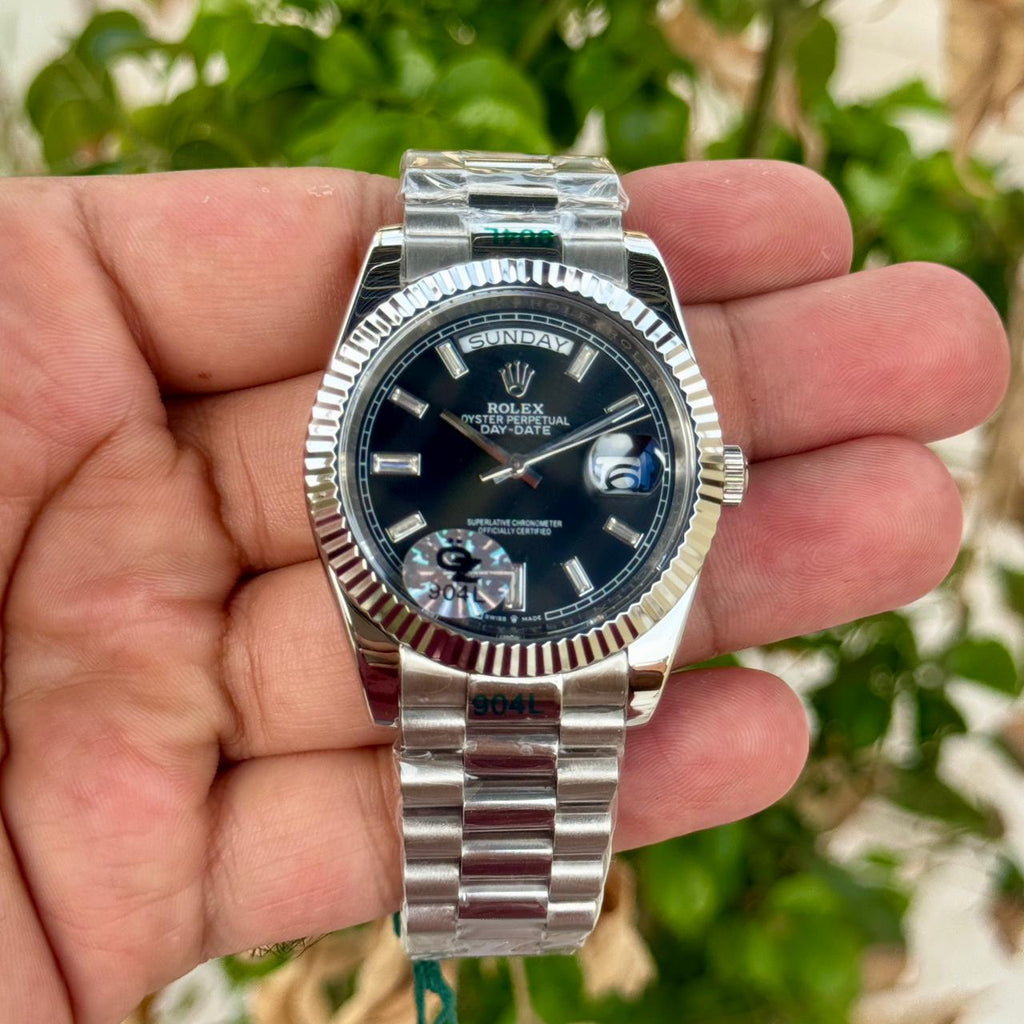 Rolex Day Date Silver Black Dial Diamond Initials Semi ETA Quality