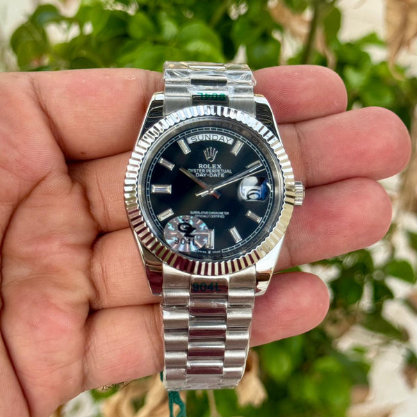 Rolex Day Date Silver Black Dial Diamond Initials Semi ETA Quality