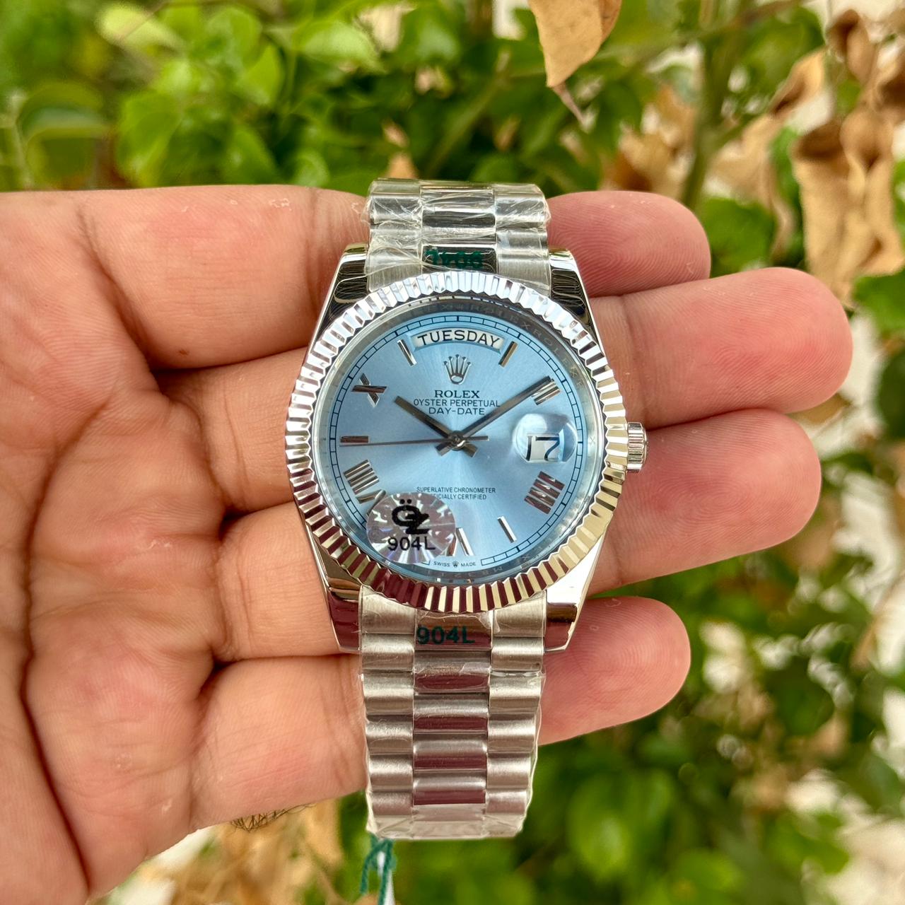 Rolex Day Date Silver Ice Blue Dial Roman Number Semi ETA Quality