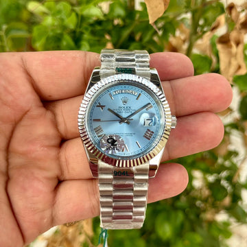 Rolex Day Date Silver Ice Blue Dial Roman Number Semi ETA Quality