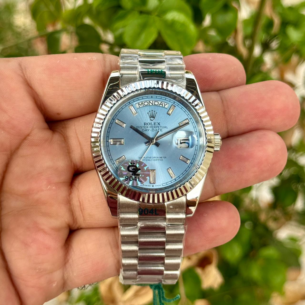 Rolex Day Date Silver Ice Blue Dial Diamond Initials Semi ETA Quality