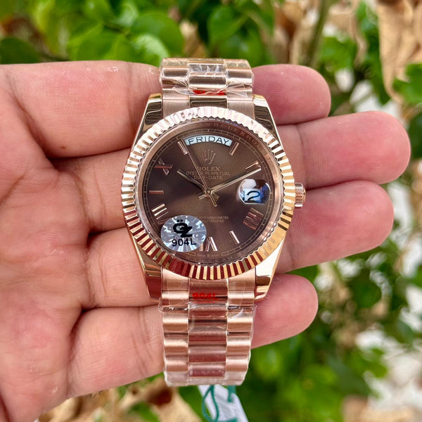 Rolex Day Date Rose Gold Chocolate Dial Roman Number Semi ETA Quality
