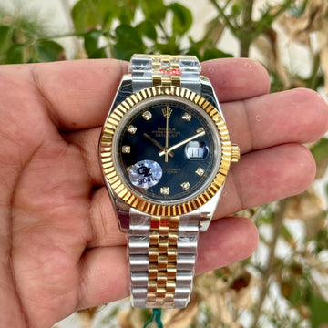 Rolex Date Just 41 SEMI ETA Silver Gold Black Dial Diamond Initials
