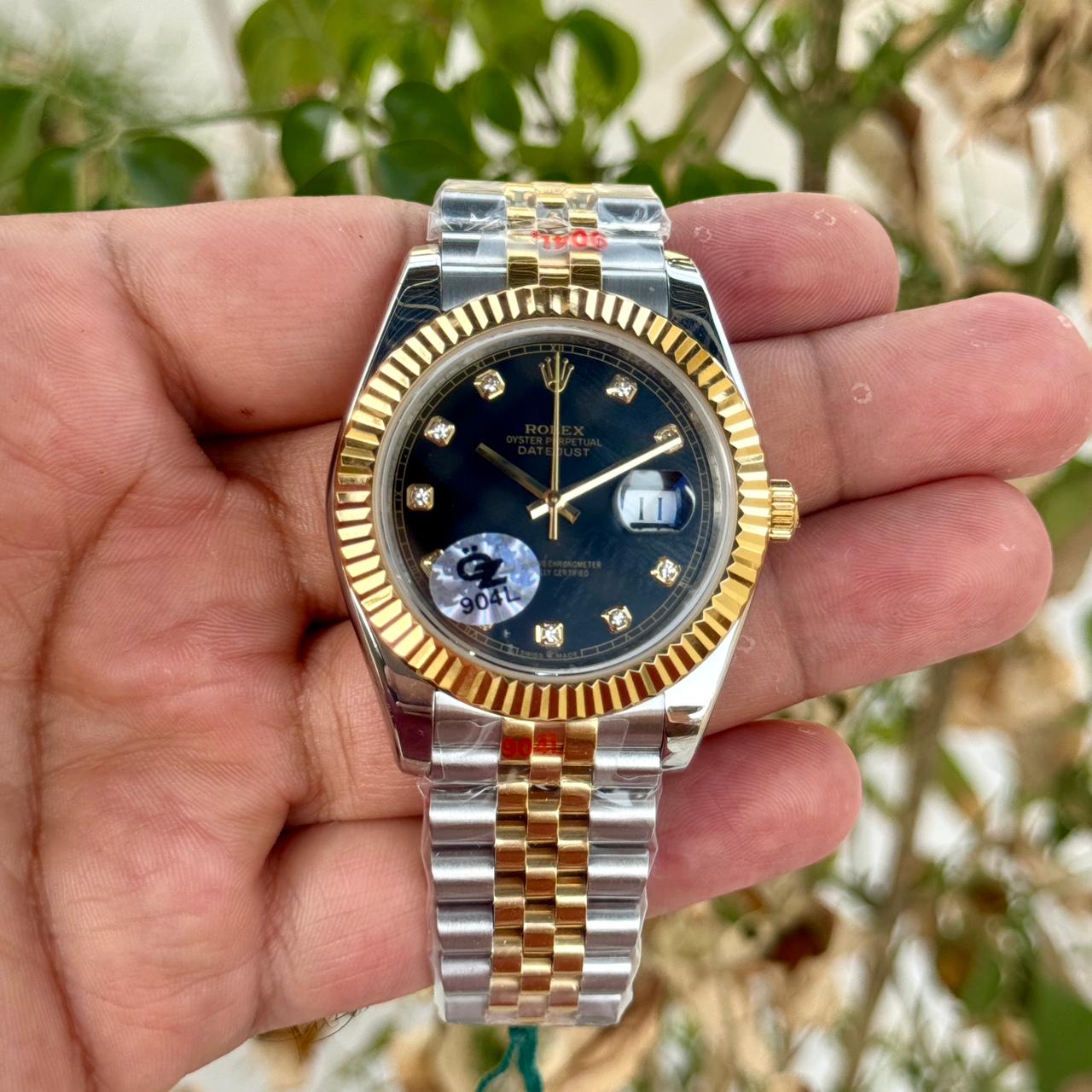 Rolex Date Just 41 SEMI ETA Silver Gold Black Dial Diamond Initials