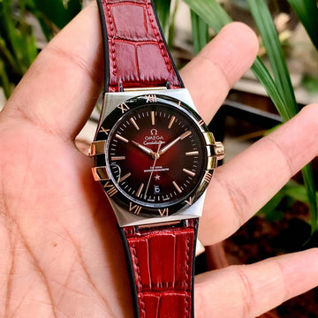 Omega Constellation Co-Axial Silver Maroon Silver Dial