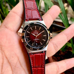 Omega Constellation Co-Axial Silver Maroon Silver Dial