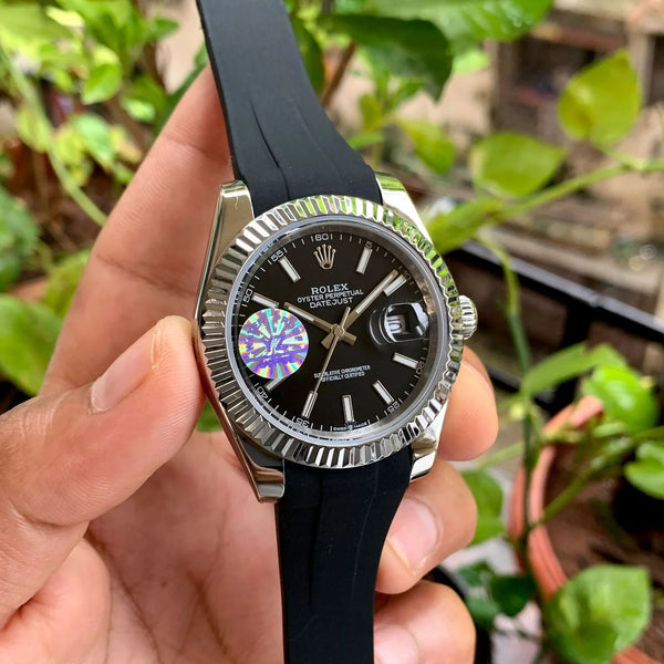 Rolex DateJust Fluted Bezel Black Strap Auto