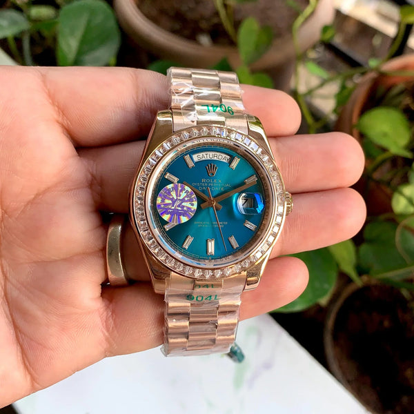 Rolex DayDate Rose-Gold Blue Dial Diamond Bezel