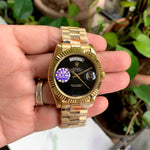 Rolex DayDate Gold Black Plain Dial Fluted Bezel
