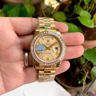 Rolex DayDate Gold Roman Dial Diamond Bezel YZ